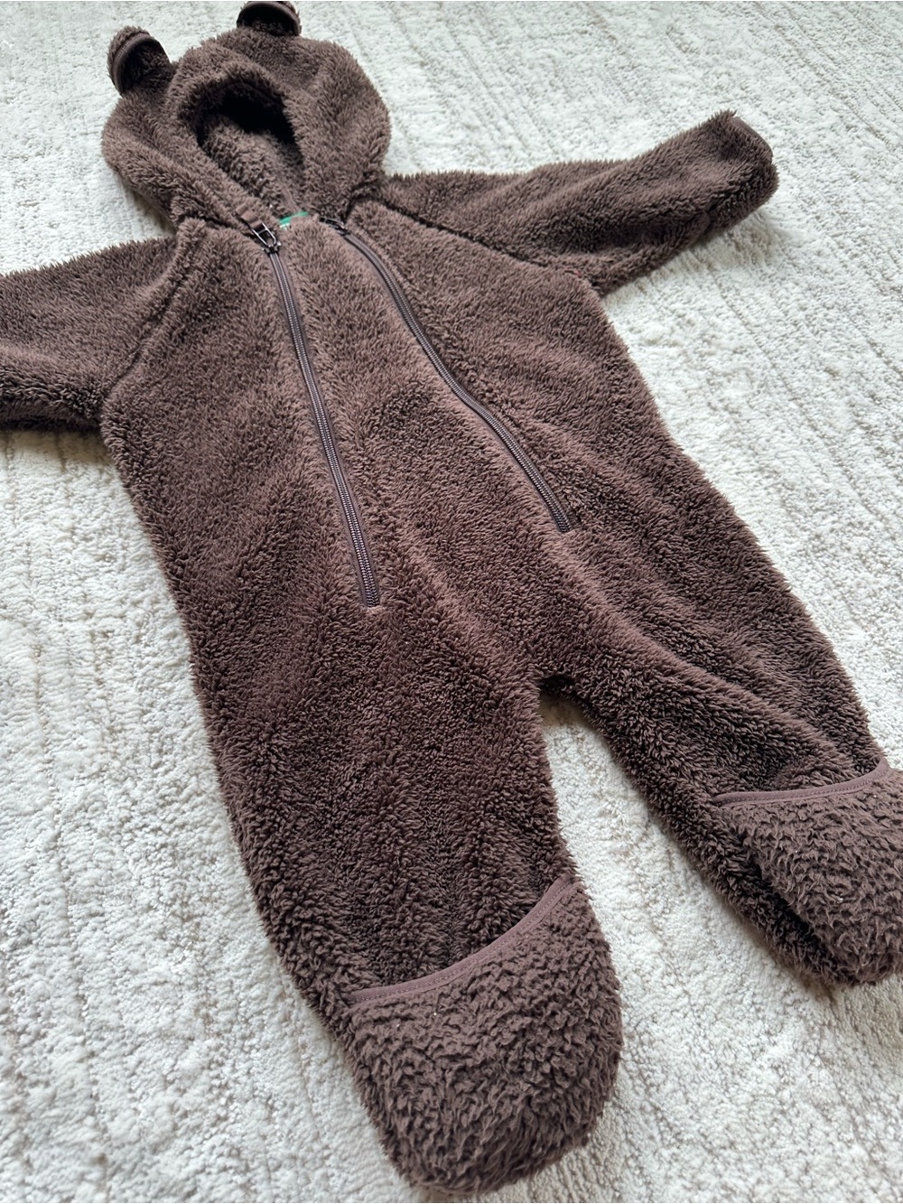 LL Bean Fleece Bunting One Piece Infant Baby 3-6 Months Zip Brown Teddy Bear - Picture 7 of 16